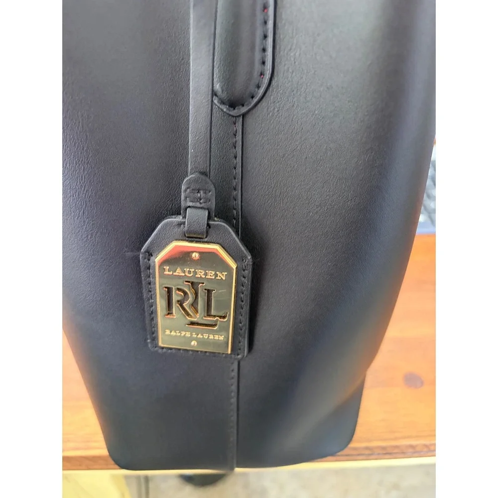 Lauren Ralph Lauren Debby Drawstring Bucket Bag Black Leather Red Interior Gold